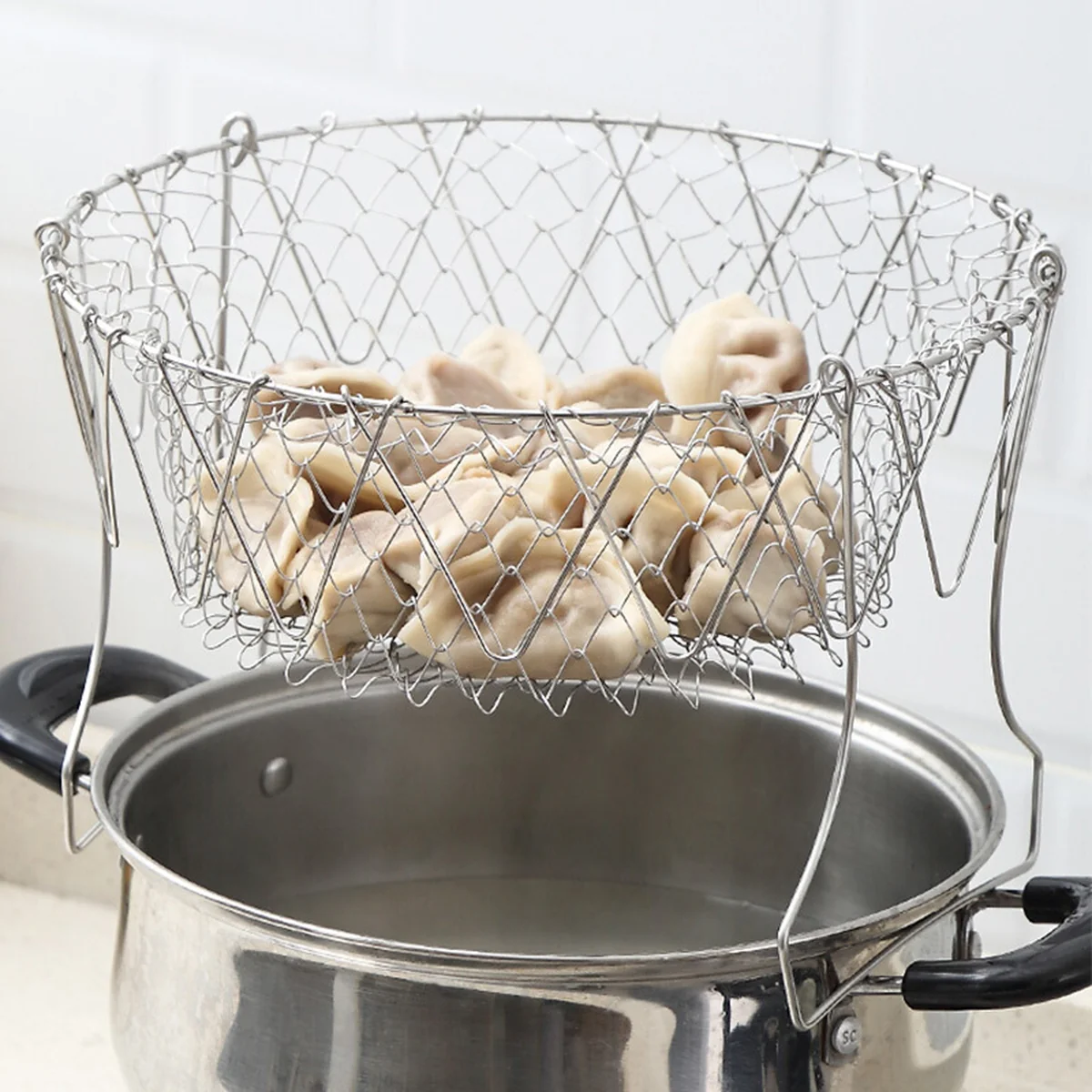 YAGAO Stainless steel frying large strainer drain basket, Drain and filter oil, Telescopic folding