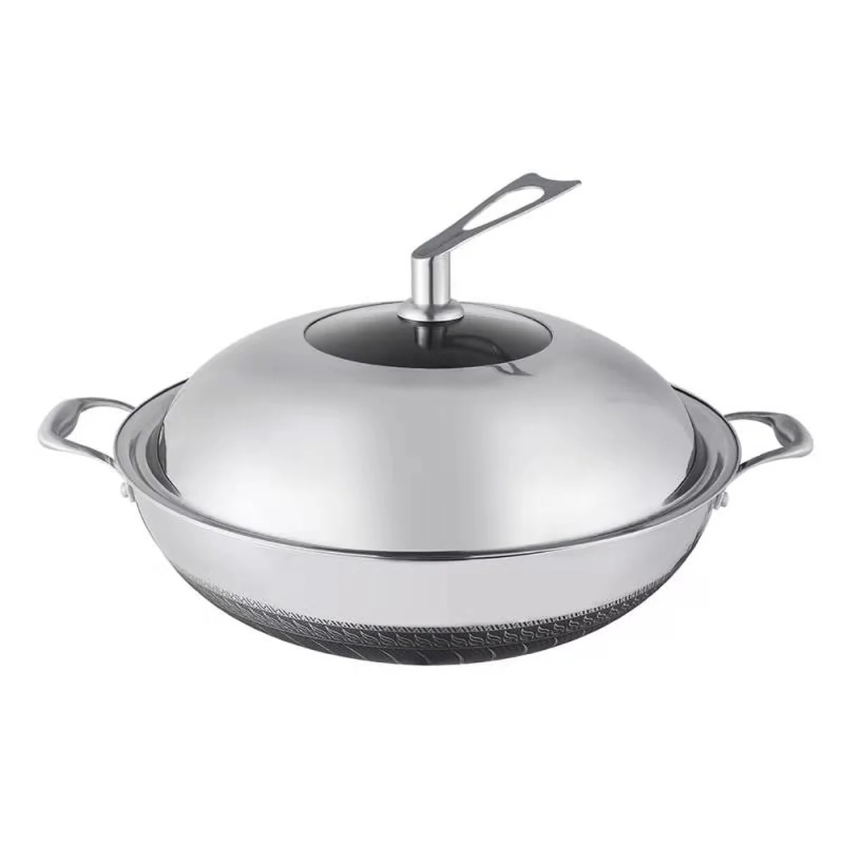 LeKITCHEN, 304 stainless steel double ear non-stick wok, household with lid, universal for gas induction cooker, 36/38cm