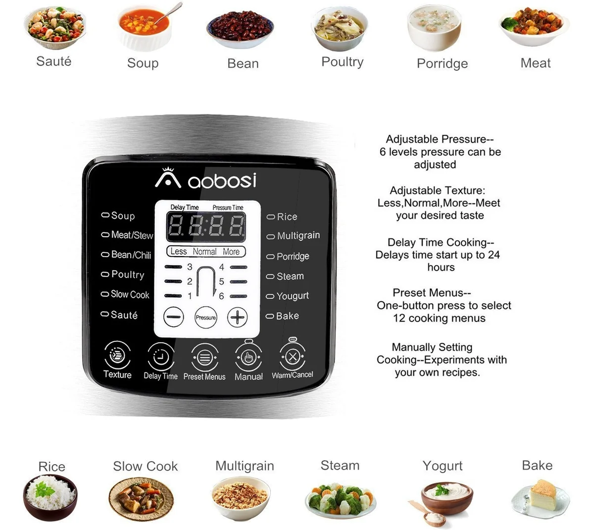 Aobosi Electric Pressure Cooker 8Qt/1200W Multi-Functional Non-Stick Cooking Pot Digital YBW80-120G