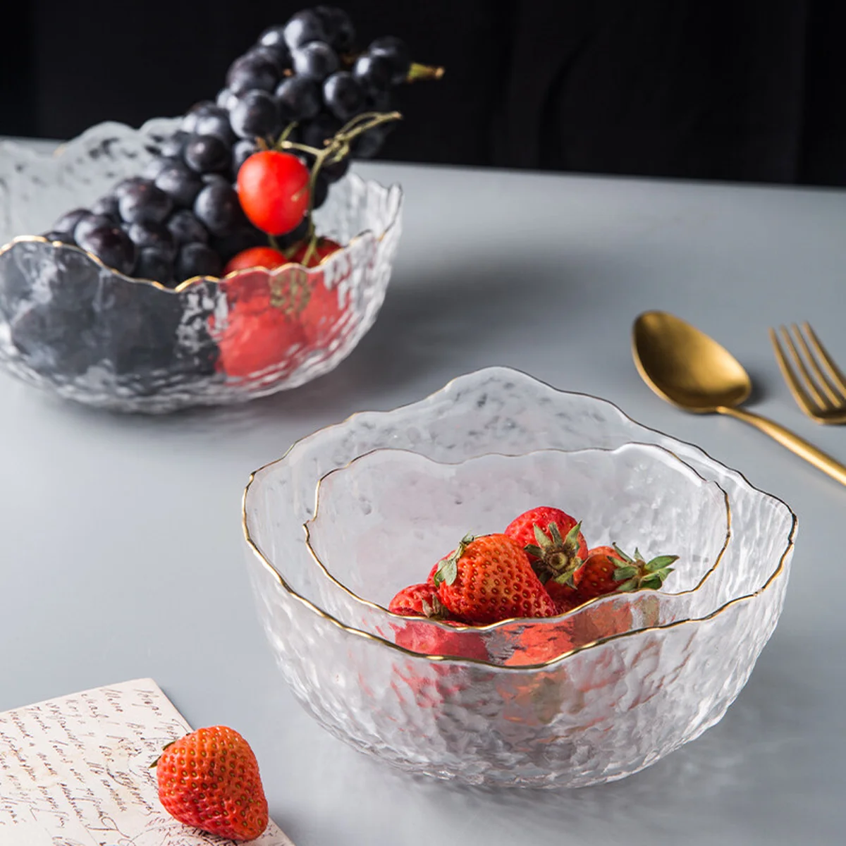 IJARL, Irregular Salad Bowl, Transparent Phnom Penh Glass Bowl, Transparent Gold Traced, Various Specifications,3 packs