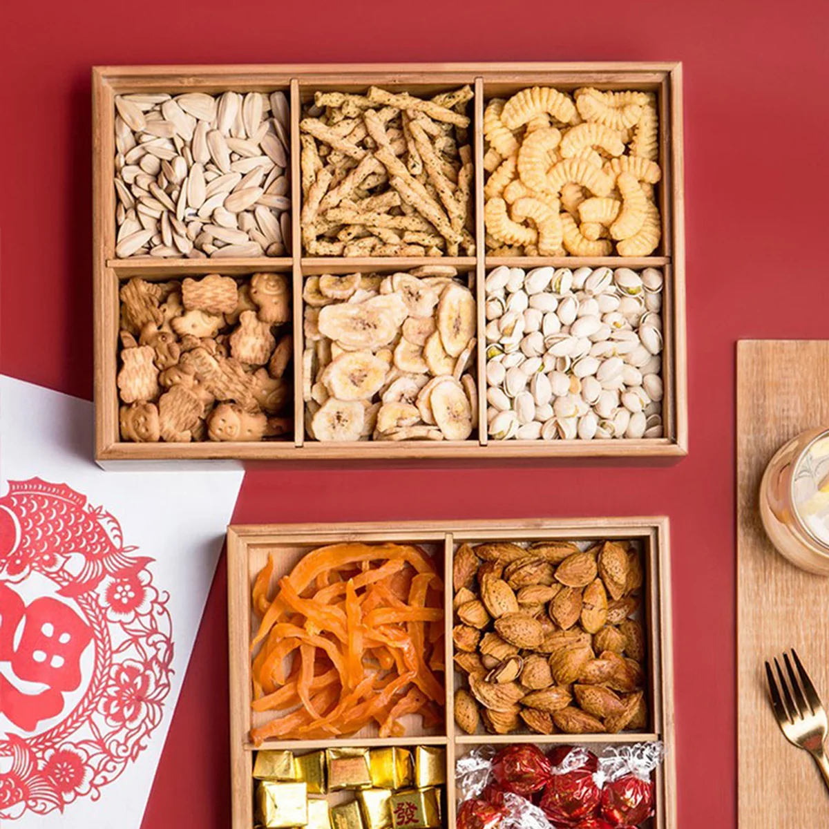 INSCRIPTION, Bamboo Compartment with Lid Fruit Plate, Snack Plate, INS-ZMGH Natural Bamboo and Wood, Six Compartments, Detachable Shelf