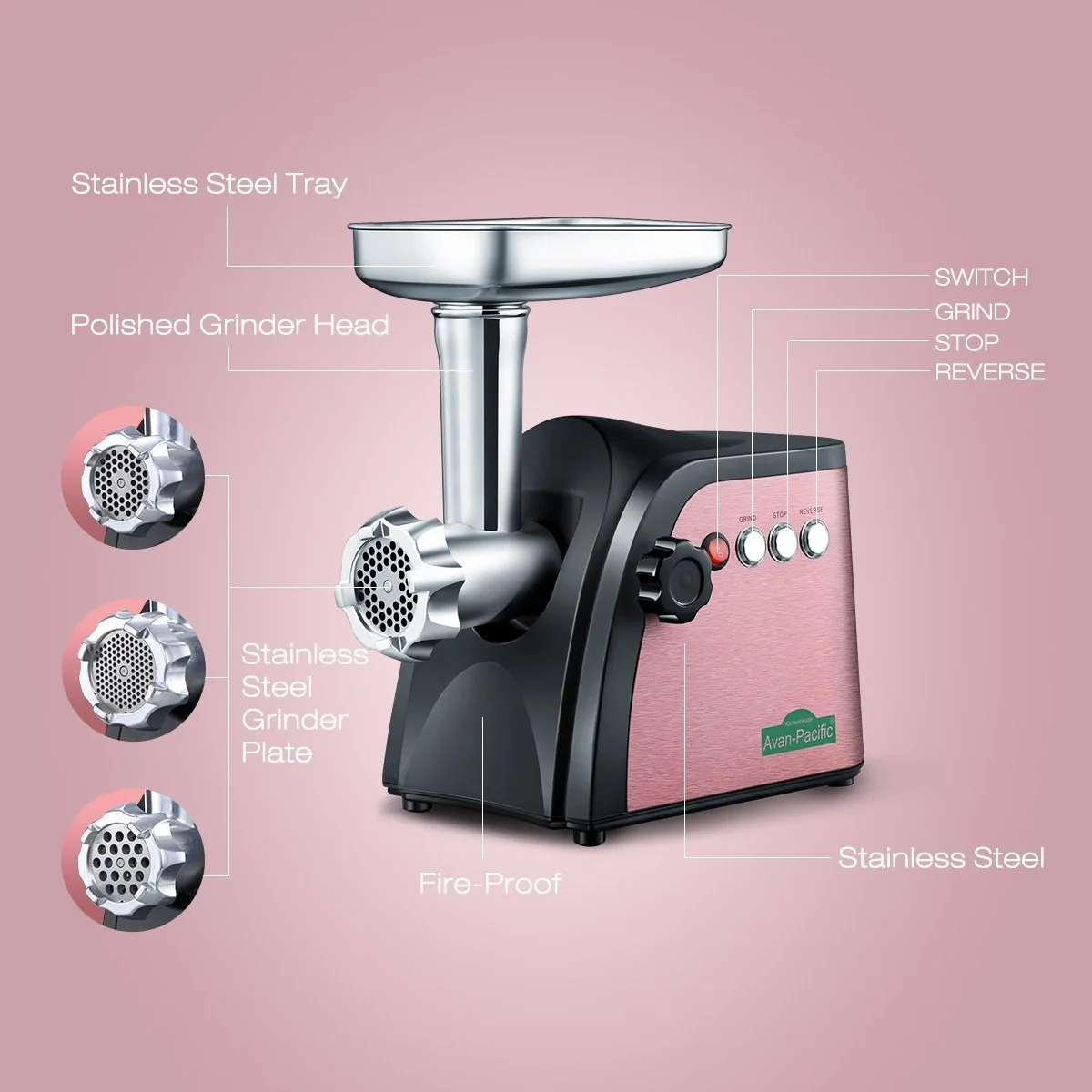 Avan-Pacific UMG-1801 ETL #8 LongLife Durable Electric Digital Light Touch Stainless Steel Meat Grinder with 2 S.S. Knives