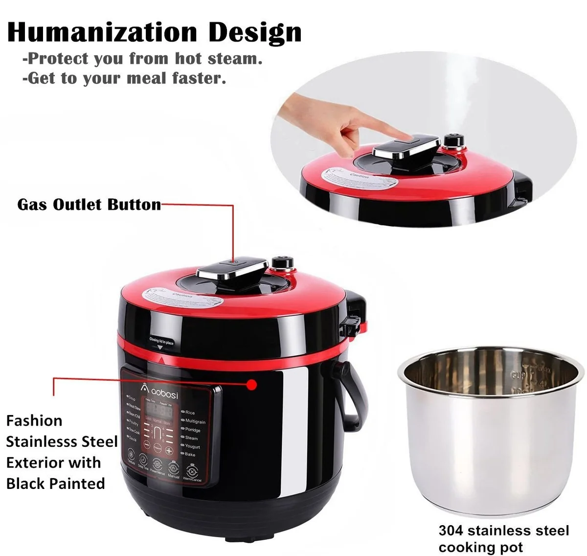 Aobosi YBW60-100Q1 Programmable Pressure Cooker 6Qt/1000W Stainless Steel Cooking Pot Digital Cooker