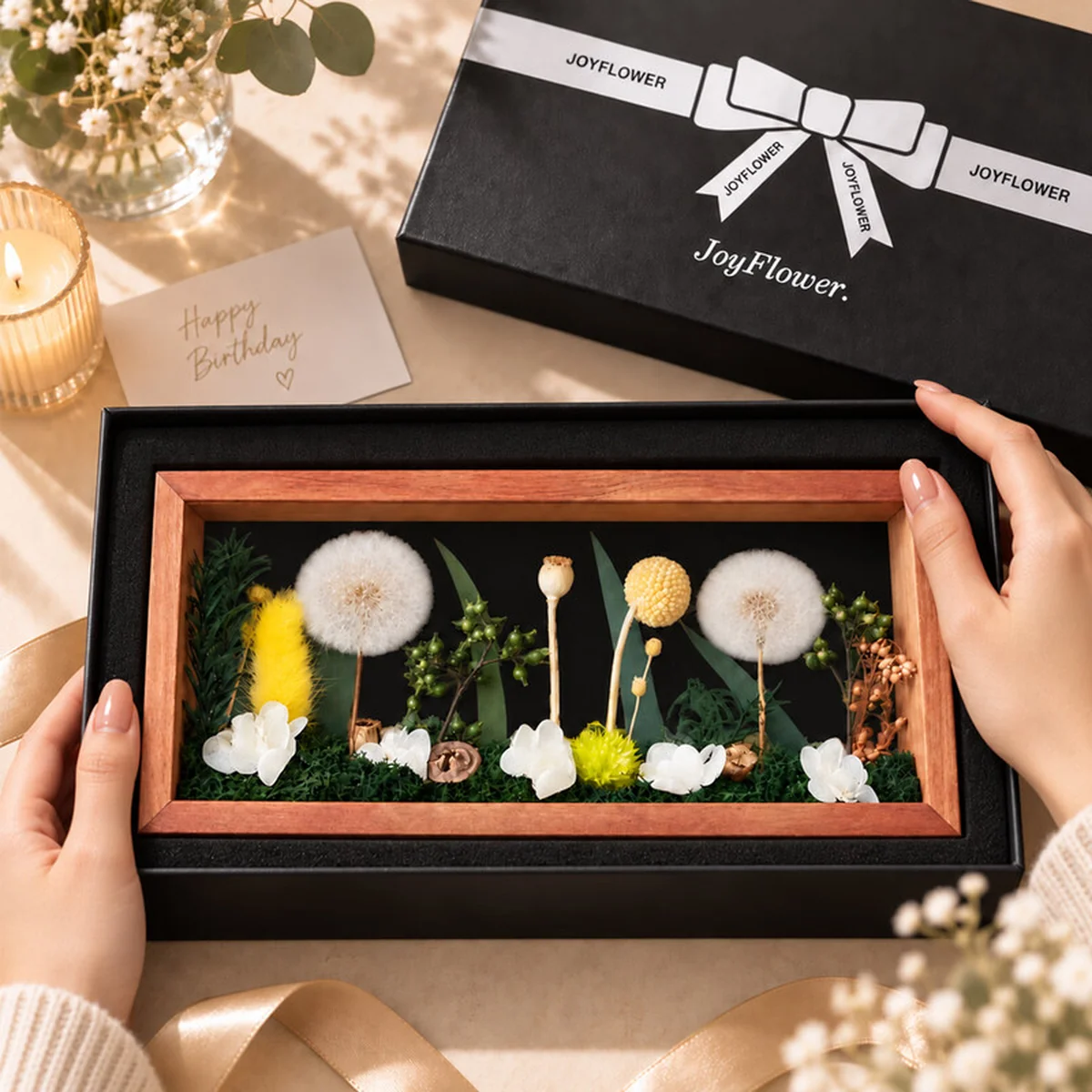 【Direct Shipping from China, Delivery in 8–20 Days】JoyFlower Preserved Dandelion Gift Box, Mother’s Day, Valentine’s Day, Birthday and Anniversary Gift, Green Dandelion Frame, Large