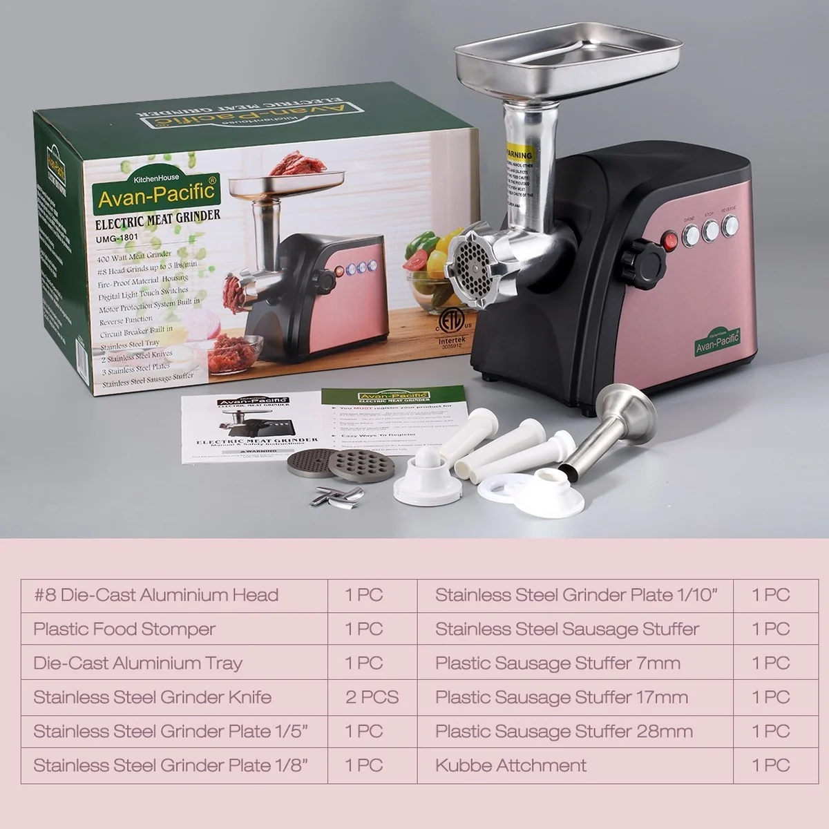 Avan-Pacific UMG-1801 ETL #8 LongLife Durable Electric Digital Light Touch Stainless Steel Meat Grinder with 2 S.S. Knives