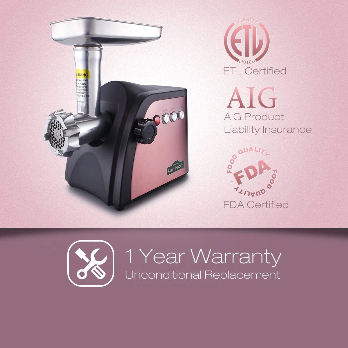 Avan-Pacific UMG-1801 ETL #8 LongLife Durable Electric Digital Light Touch Stainless Steel Meat Grinder with 2 S.S. Knives