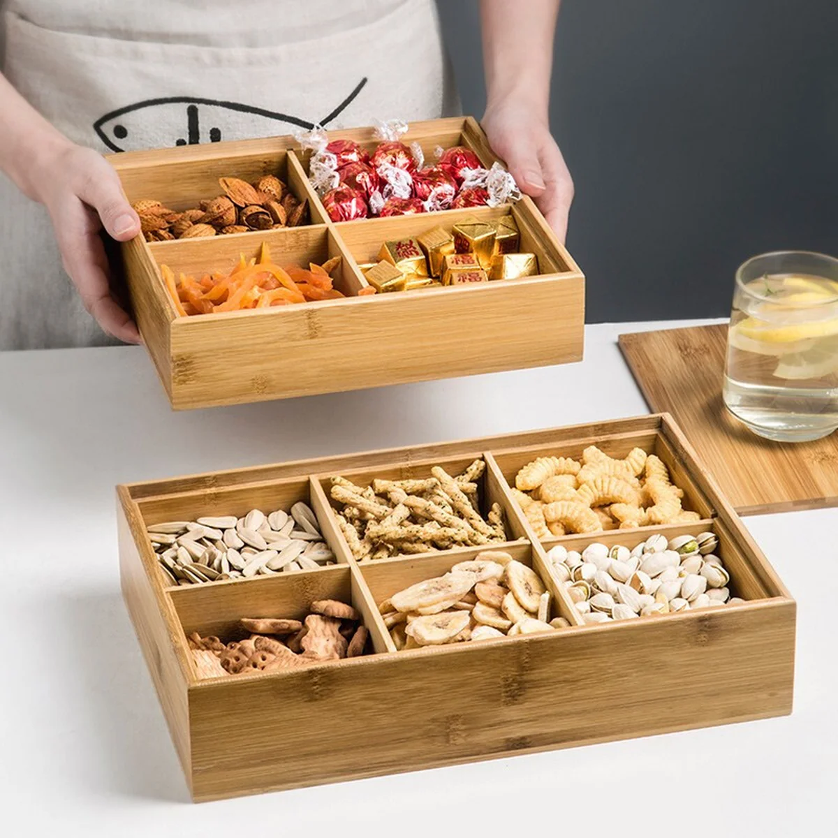 INSCRIPTION, Bamboo Compartment with Lid Fruit Plate, Snack Plate, INS-ZMGH Natural Bamboo and Wood, Six Compartments, Detachable Shelf