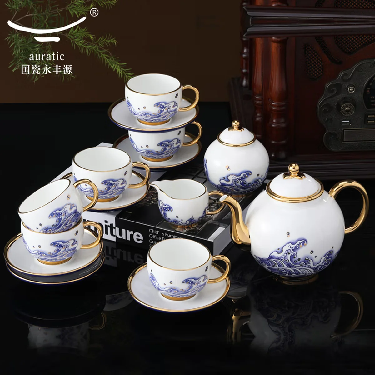【中国直邮，时效10-15天】Auratic 国瓷永丰源先生瓷-海上明珠17头咖啡具