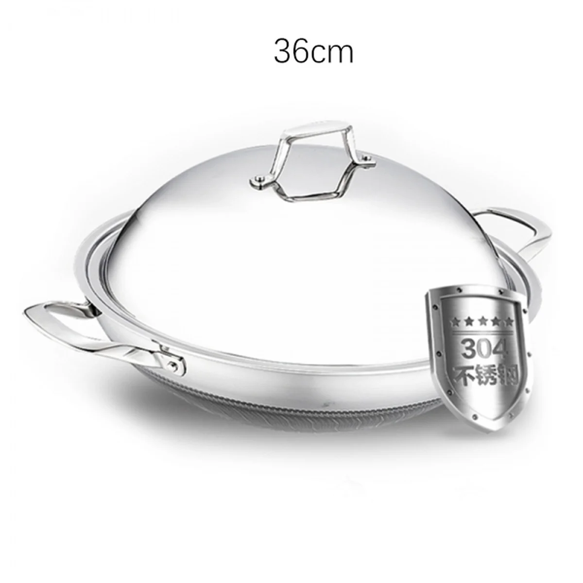 LeKITCHEN, 304 stainless steel double ear non-stick wok, household with lid, universal for gas induction cooker, 36/38cm