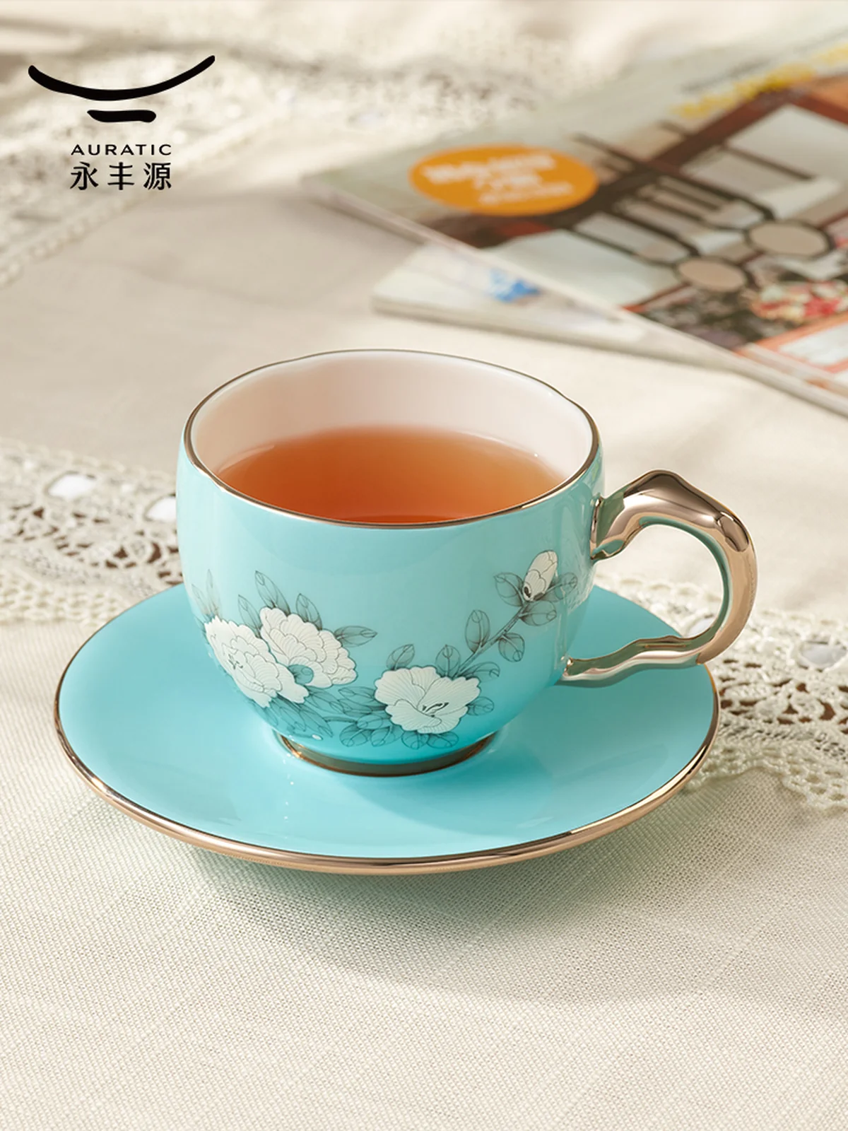 【中国直邮，时效10-15天】Auratic 国瓷永丰源夫人瓷-手绘蓝2头茶咖杯碟(150ml)