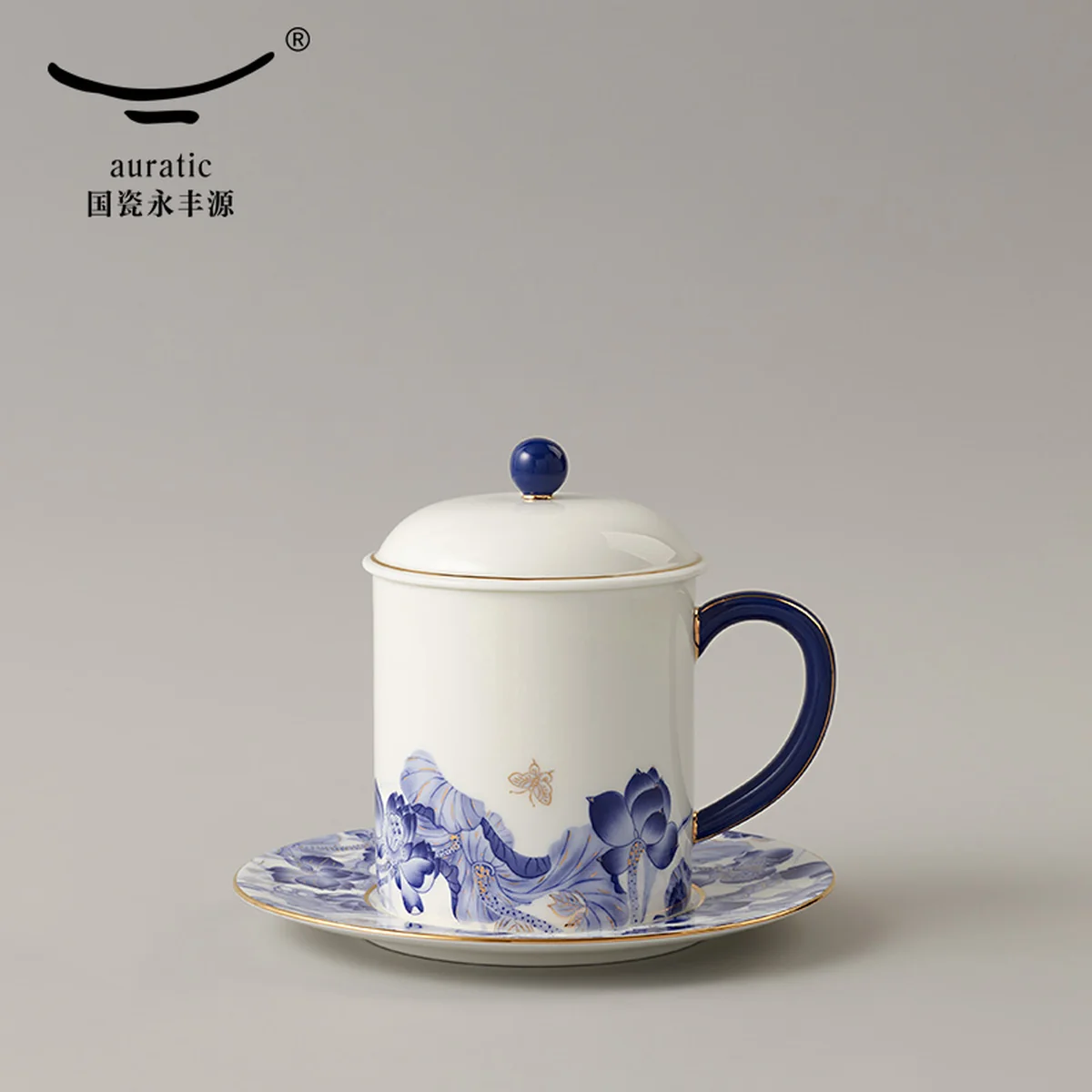 [China Direct Shipping, 10-15 days] Auratic China Porcelain Yongfengyuan Happiness and Harmony 3-piece Lidded Cup Set - Five Colours (350ml)