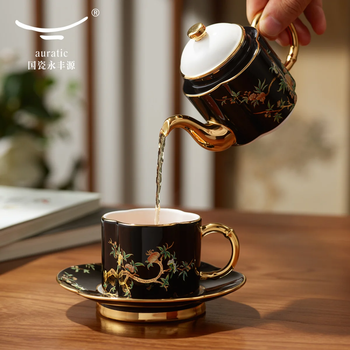 【China Direct Shipping, 10-15 days】Auratic Guochen Yongfengyuan Lady Porcelain Pomegranate Home 4 Head Tea Set (180ml)