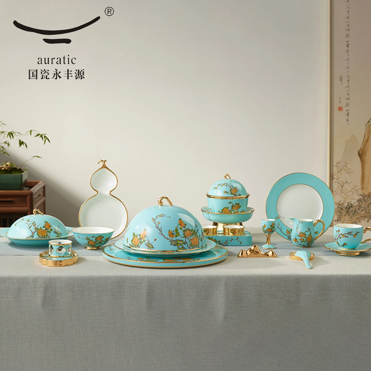 [China Direct Shipping, 5-7 days] Auratic China Porcelain Yongfengyuan Lady Porcelain Westlake Blue 24 Heads Single Combination Set Deluxe Edition
