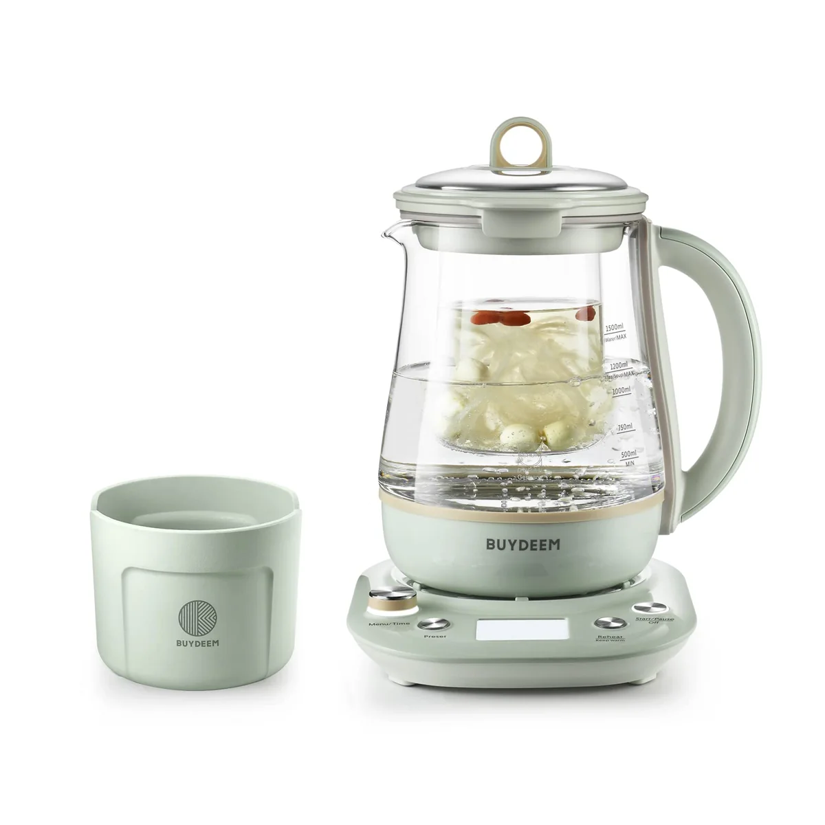 Buydeem Health Pot K2763-BA Lite, Glass Electric Kettle for Tea & Coffee, Hot Water Boiler and Wamer with Stew Pot, Temperature Control, Green, 1.5L