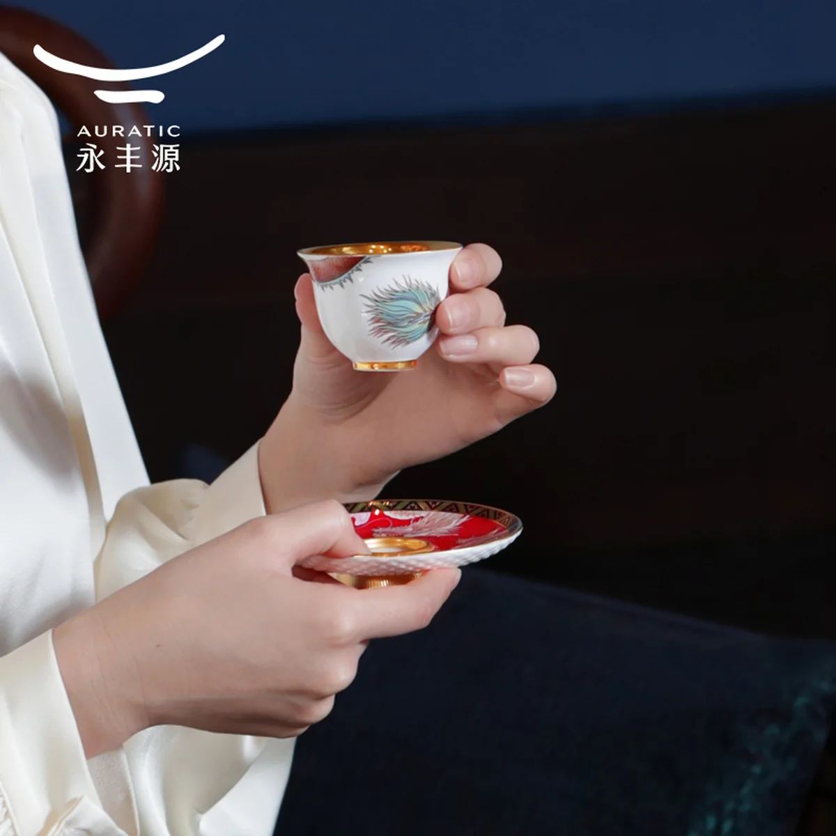 【 China Direct Mail, Time 10-15 Days 】 Auratic Yongfengyuan Dayun Longhui 2 Head Tea Cup Plate (60ml - Chinese Red)
