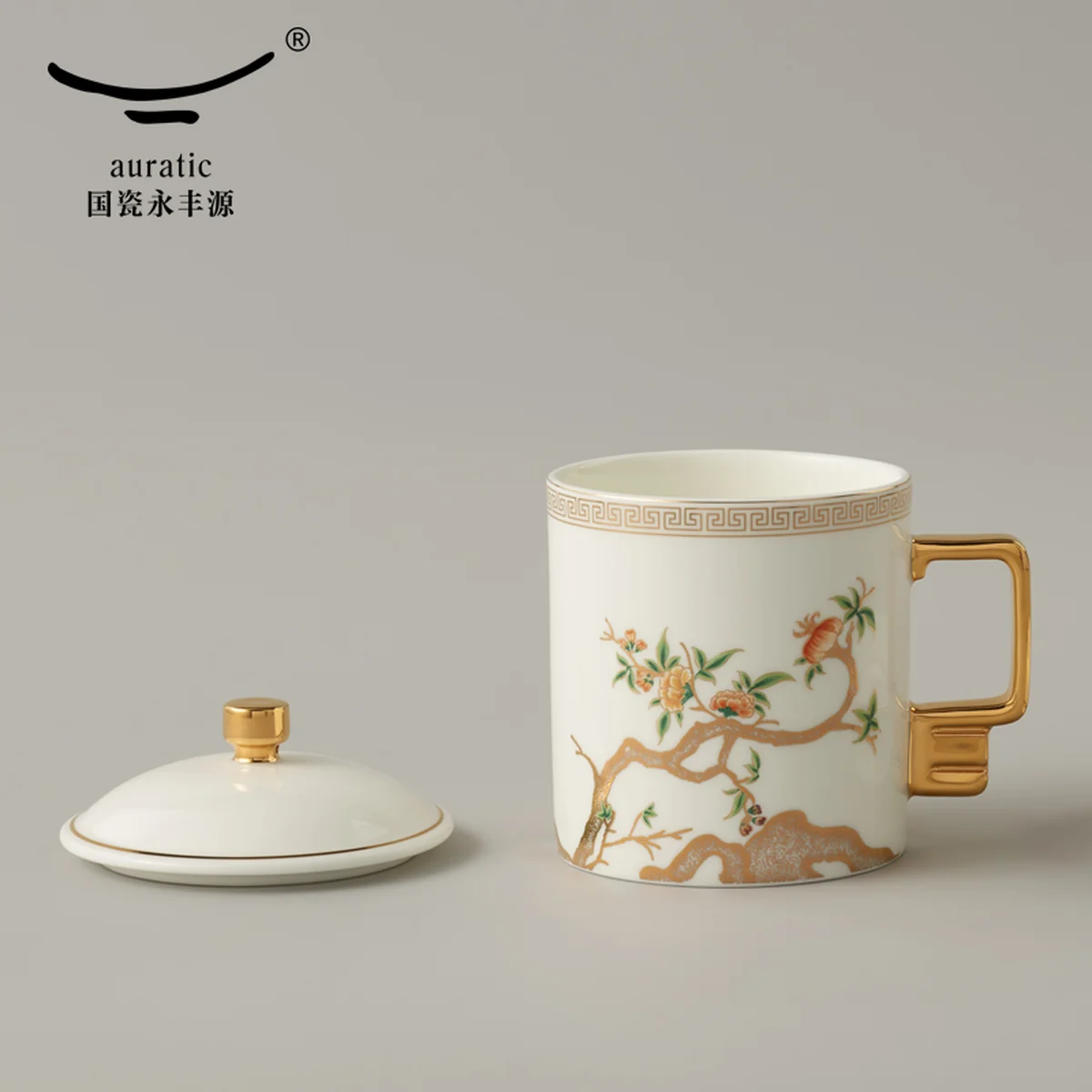 【China Direct Shipping, 10-15 days】Auratic Guochen Yongfengyuan Lady Porcelain Pomegranate Home 3 Piece Conference Cup Set (White) (350ml)