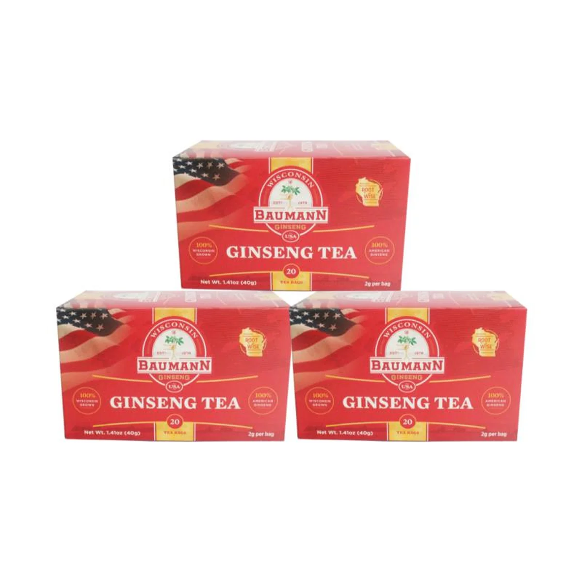 BAUMANN Wisconsin American Ginseng Tea Bags Three Boxes, 40g  (2g * 20 bags)