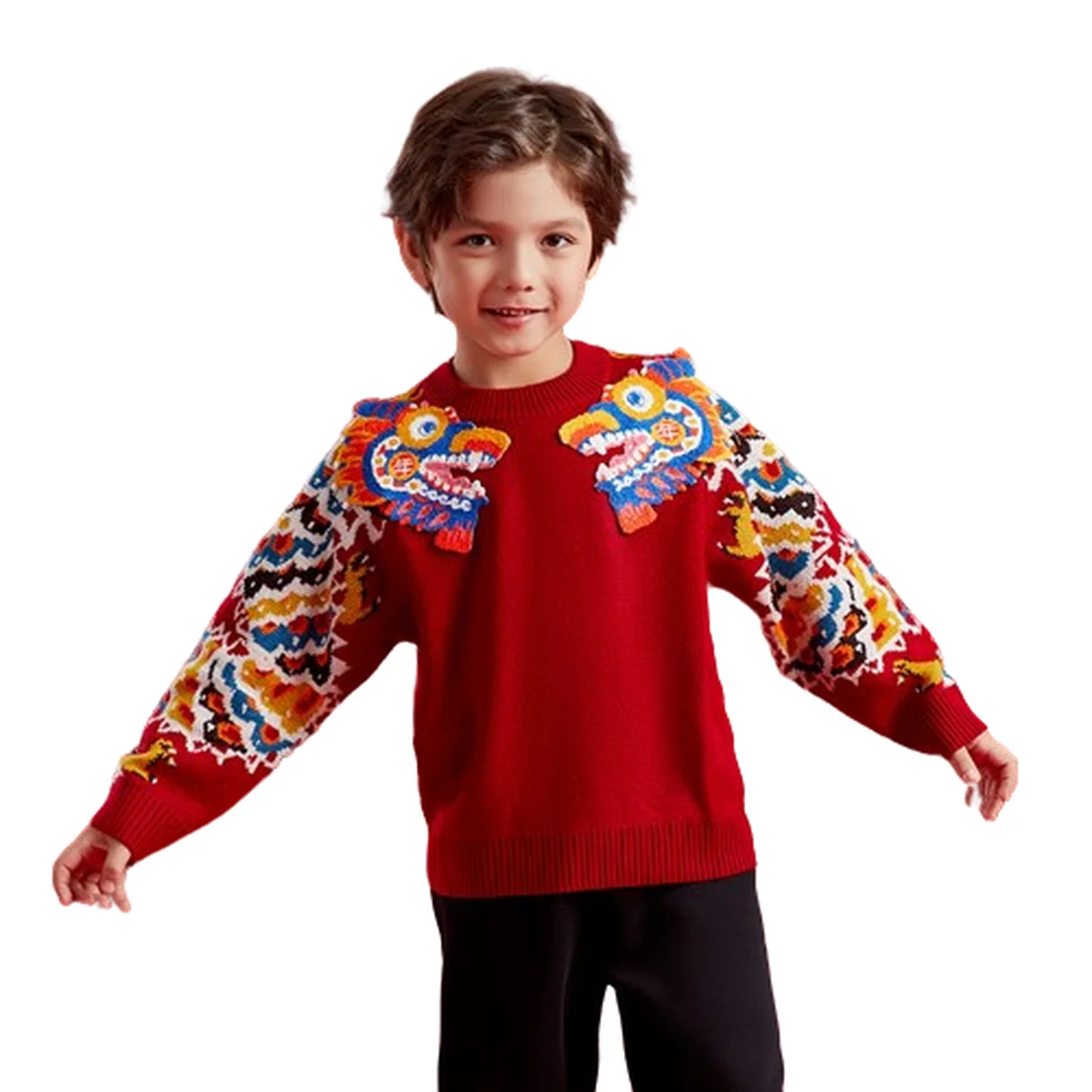 【China Direct Shipping, 10-15 days】New Year's clothing children's sweater stitched zodiac-shaped sweater for boys and girls with neat stitching and soft feel