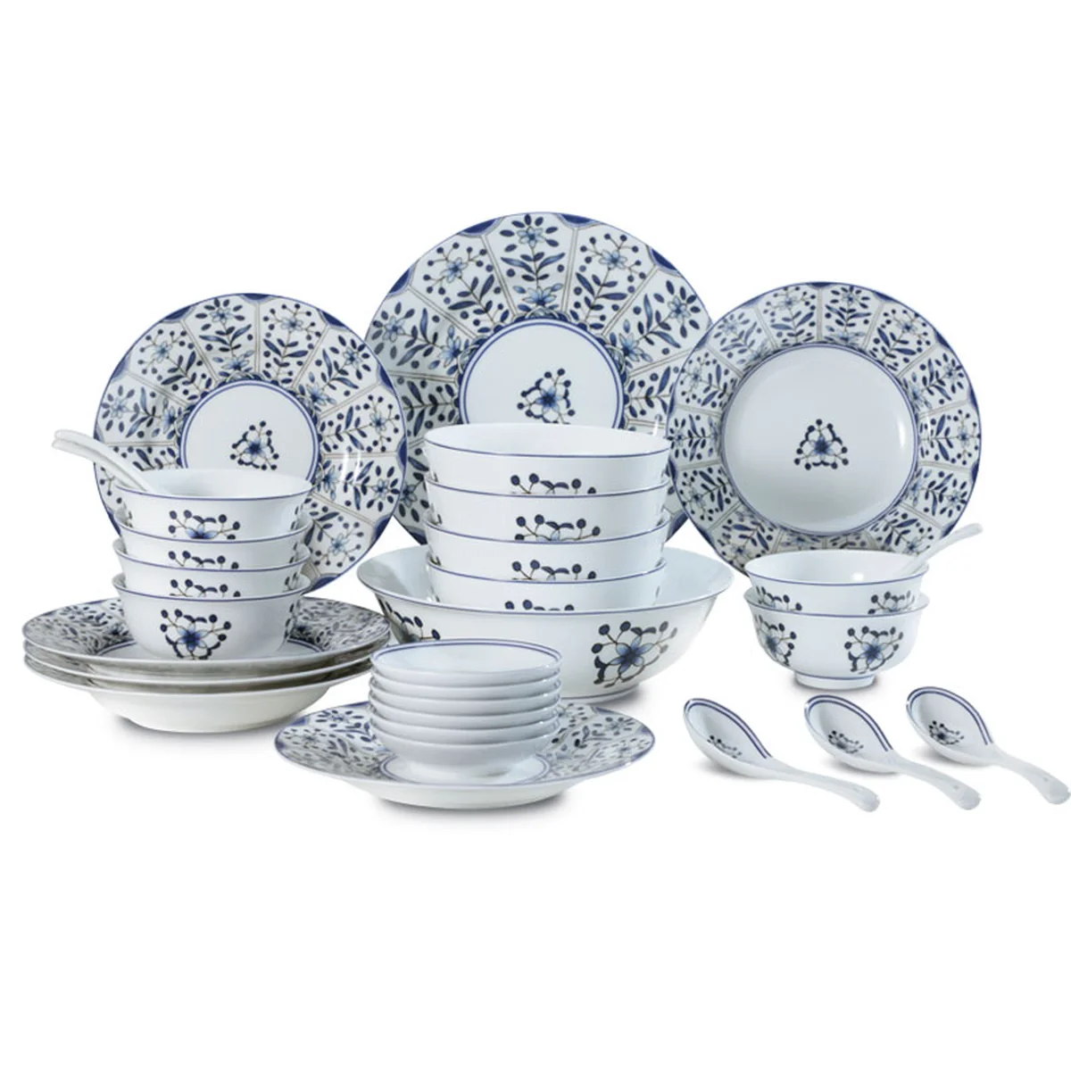 Red leaf, Jingdezhen Ceramics 30-piece In-glaze Blue and White Porcelain Tableware Set Ceramic Bowls, Plates and Spoons High Temperature Fine White Porcelain Lead-Free and Cadmium-Free