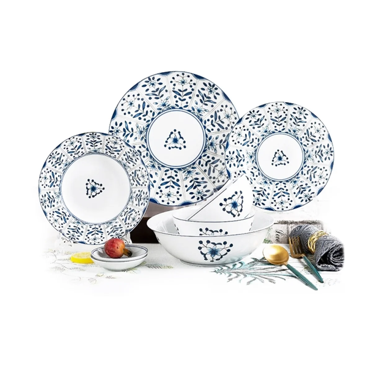 Red leaf, Jingdezhen Ceramics 30-piece In-glaze Blue and White Porcelain Tableware Set Ceramic Bowls, Plates and Spoons High Temperature Fine White Porcelain Lead-Free and Cadmium-Free