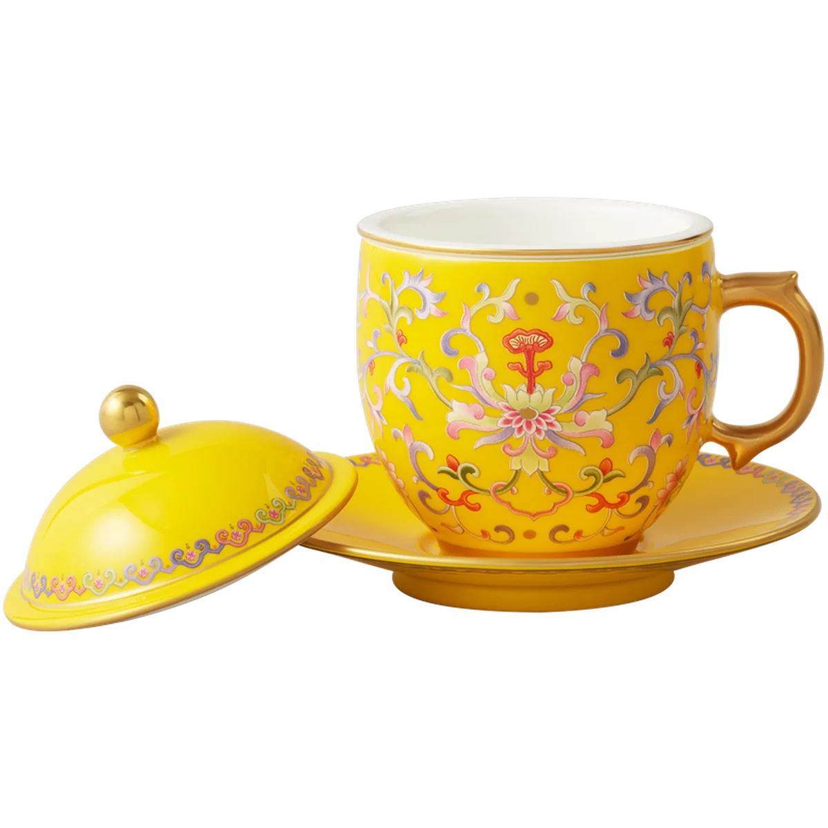 Auratic China Porcelain Yongfengyuan Imperial Yellow New Court Porcelain Four-Piece Covered Cup Set (260ml)
