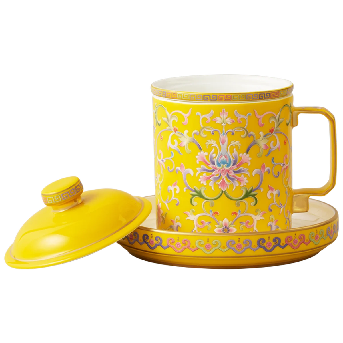 [China Direct Shipping, 5-7 days] Auratic China Porcelain Yongfengyuan Imperial Yellow New Court Porcelain 4 Piece Covered Cup Tea Cafe Cup (460ml)