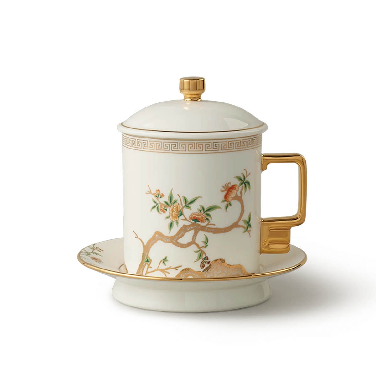 【China Direct Shipping, 10-15 days】Auratic Guochen Yongfengyuan Lady Porcelain Pomegranate Home 3 Piece Conference Cup Set (White) (350ml)