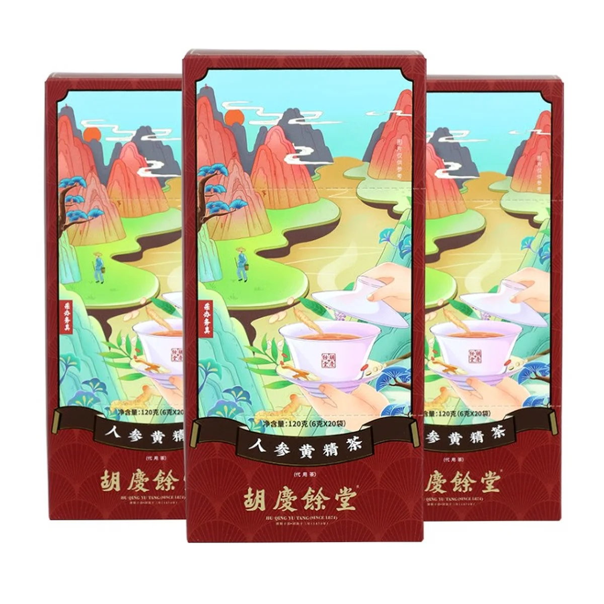 【中国直邮，时效5-12天】胡庆余堂 人参黄精茶120/g盒装独立茶包内含枸杞茯苓陈皮等 3盒装共360g