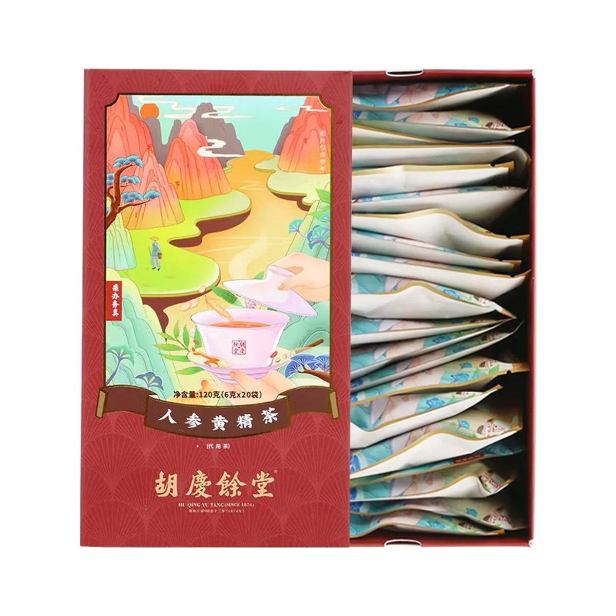 【中国直邮，时效5-12天】胡庆余堂 人参黄精茶120/g盒装独立茶包内含枸杞茯苓陈皮等 3盒装共360g