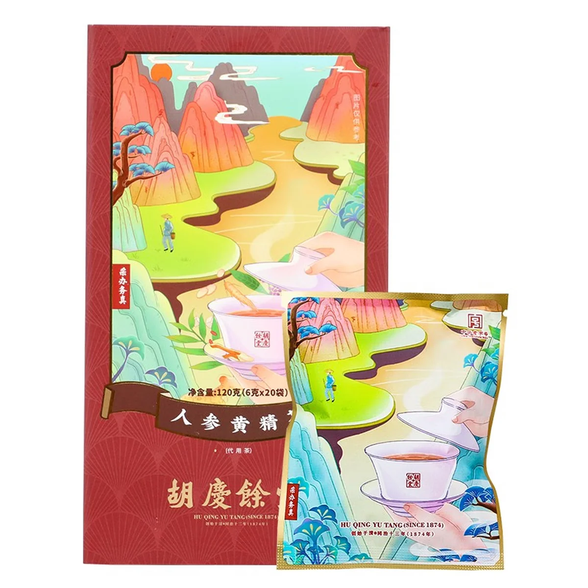 【中国直邮，时效5-12天】胡庆余堂 人参黄精茶120/g盒装独立茶包内含枸杞茯苓陈皮等 3盒装共360g