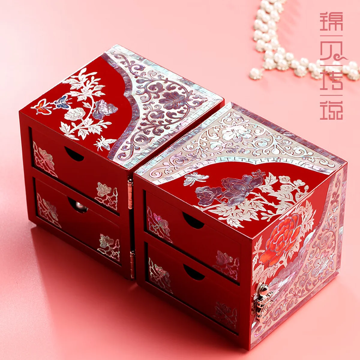 【中国直邮，时效8-20天】锦贝传说 螺钿漆器首饰盒 项链手镯饰品收纳盒 国色天香 结婚礼物生日情人节嫁妆盒