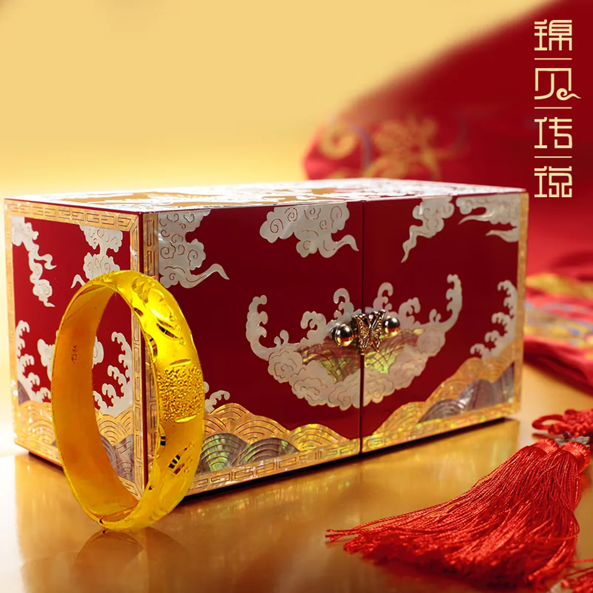 【中国直邮，时效8-20天】锦贝传说螺钿漆器中式首饰盒收纳嫁妆三金盒 龙凤呈祥对开首饰盒