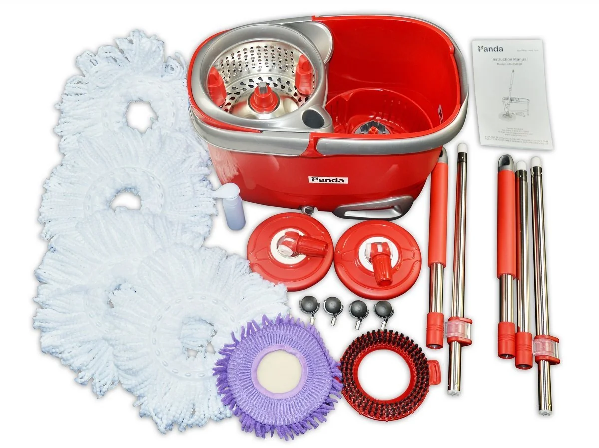 Panda Premium Effortless Wring Spin Mop and Bucket Set (2 Mop Rods + 4 Mop Heads)