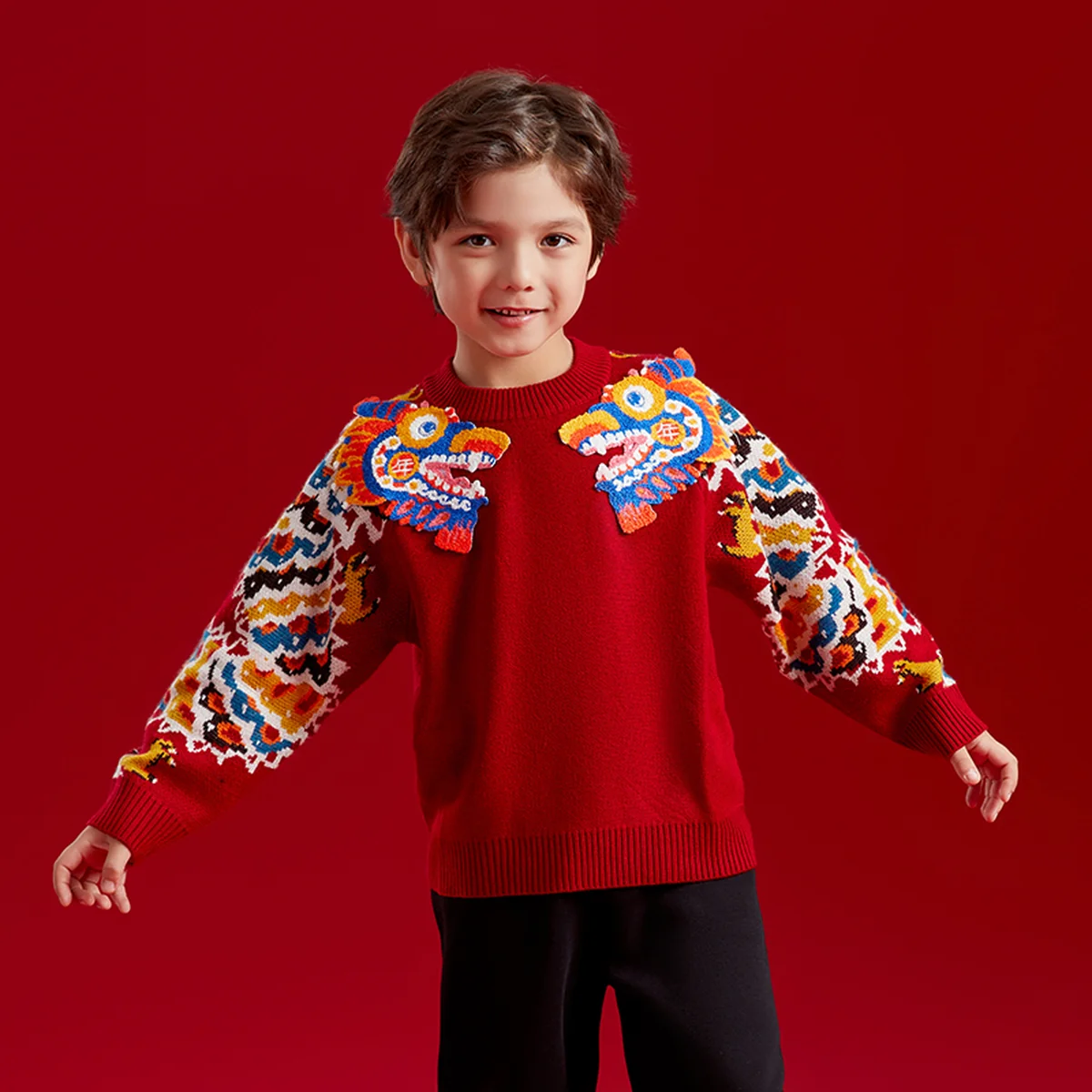 【China Direct Shipping, 10-15 days】New Year's clothing children's sweater stitched zodiac-shaped sweater for boys and girls with neat stitching and soft feel