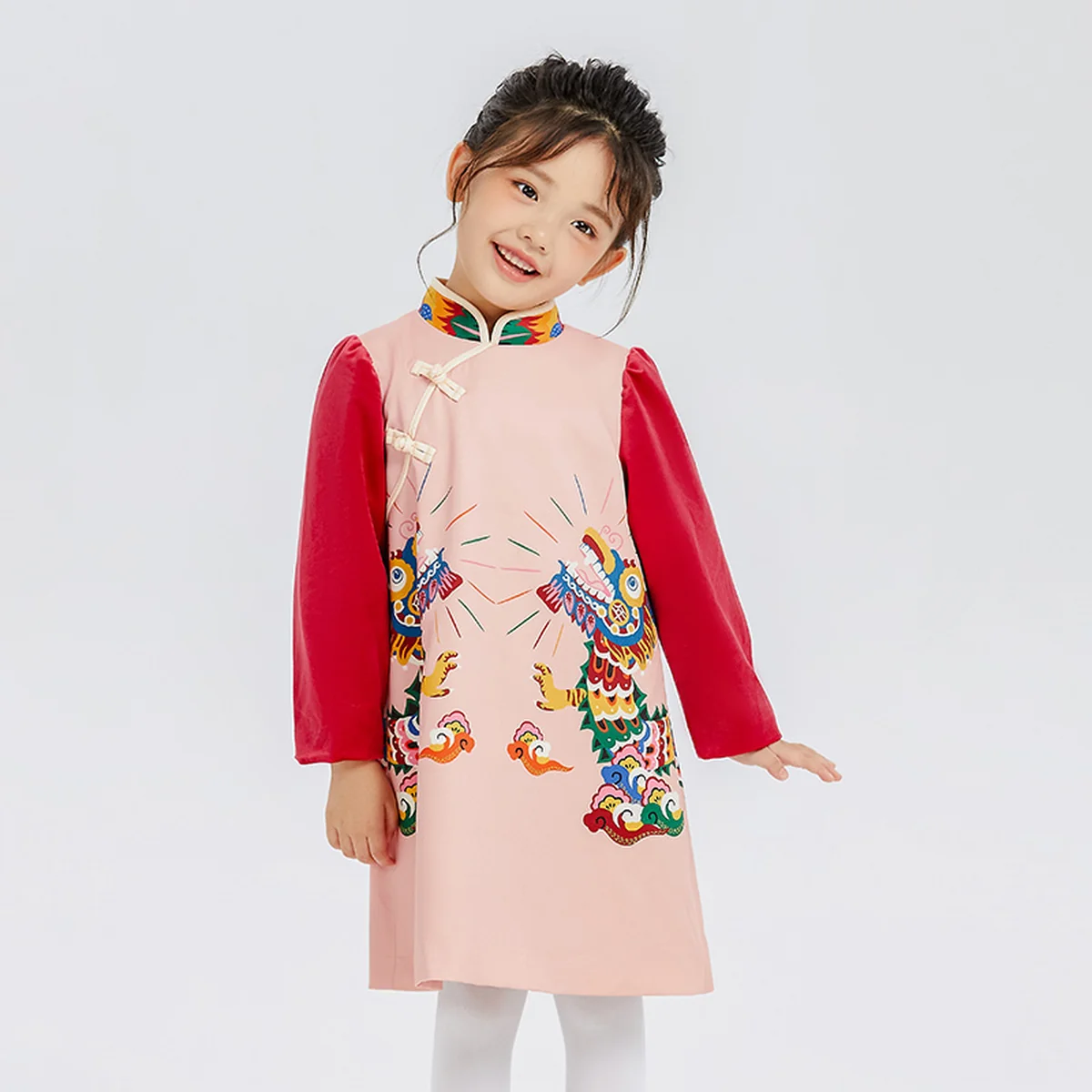 【China Direct Shipping, 10-15 days】Year clothes Girls Long Mei Mei cheongsam dress national style dress skirt red rich pink sweet