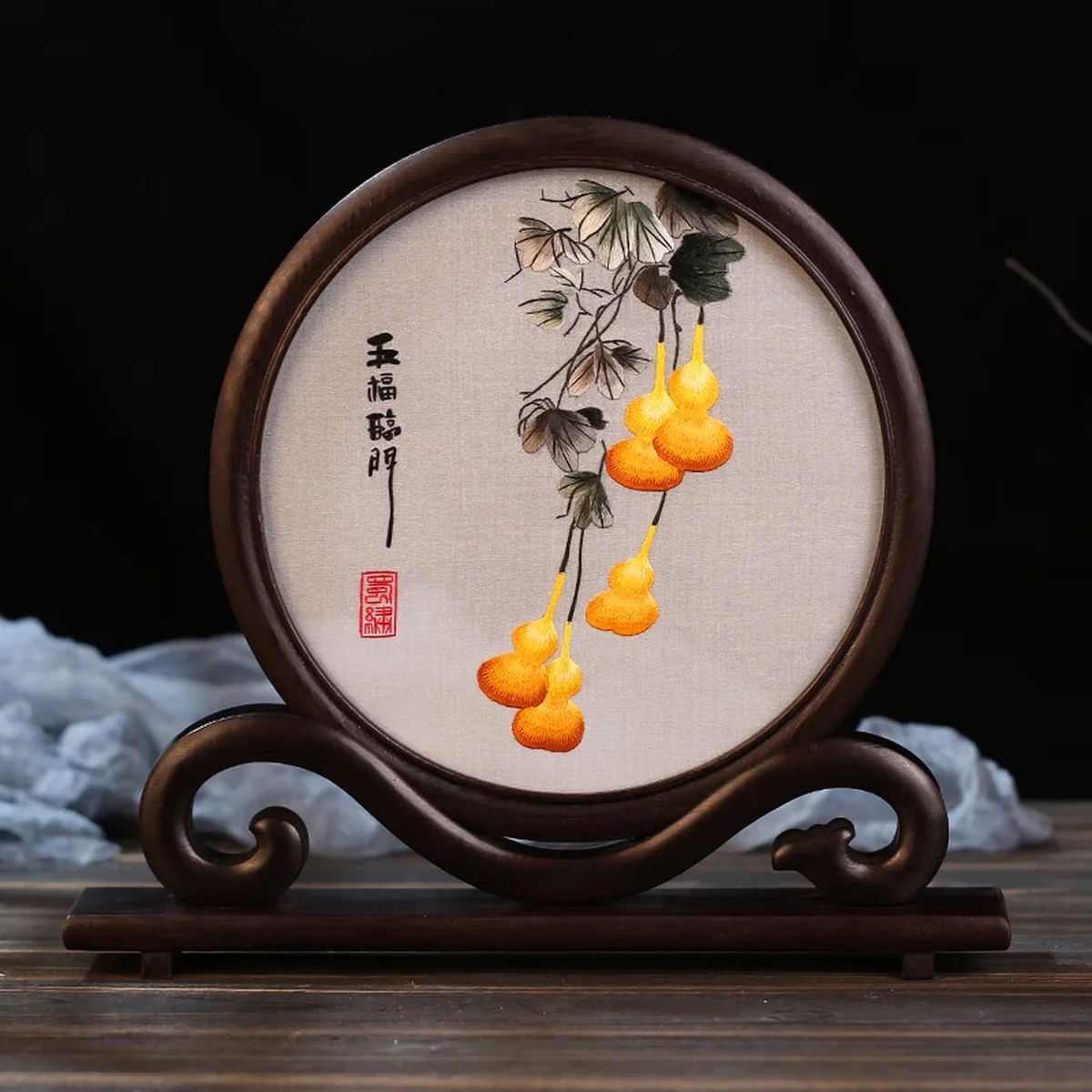 【中国直邮，时效8-20天】蜀中瑰宝 蜀绣双面刺绣熊猫文创摆件中国特色礼物送老外出国成都伴手礼纪念 五福临门