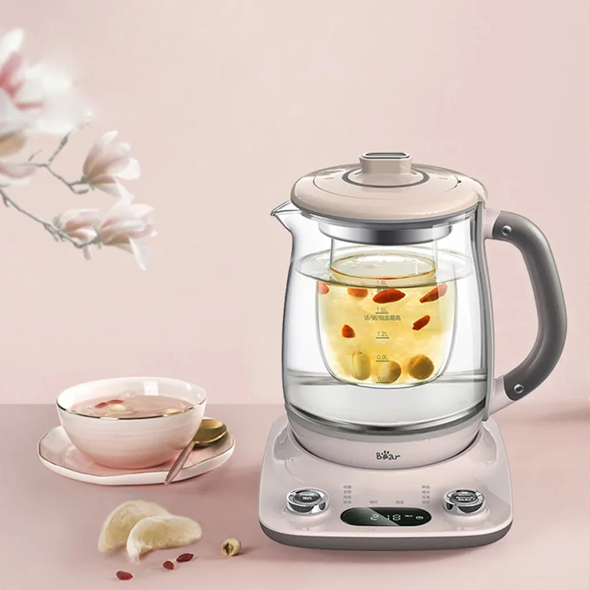 Bear Automatic Thickening Glass Health Pot Bird's Nest Pot YSH-C18R1 Stew Dual-Purpose Double Cover Stew Pot Pink