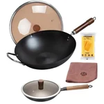Wang Yuanji's household chemical frying pan, cast iron pan+annual ring frying pan set, healthy uncoated light oil and low smoke gas stove can be used, 32/34/36cm