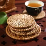 【中国直邮，时效10-15天】裕凡手工藤编杯垫 中式茶杯垫 隔热垫中国风防烫防滑盘垫 壶垫茶垫茶具配件杯垫套装 藤垫直径10cm（套装6片）含底座