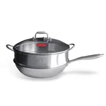 Ropot Woks stainless steel honeycomb pattern wok, steamer, three-piece lid, light oil and less smoke, universal for gas induction cooker, 32cm (12.6 inches)