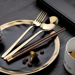 Pick up  Creative 304 stainless steel cutlery set chicken wing wooden chopsticks spoon fork gold set
