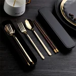 Pick up  Creative 304 stainless steel cutlery set chicken wing wooden chopsticks spoon fork gold set