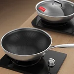 Ropot Woks stainless steel honeycomb pattern wok, steamer, three-piece lid, light oil and less smoke, universal for gas induction cooker, 32cm (12.6 inches)