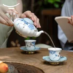 【China direct mail, delivery time 10-15 days】Auratic Platinum Blue and White 6-piece Chinese Tea Set (2-person) - Mid Autumn Festival Gift