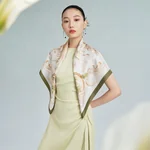 【下架】【中国直邮，时效8-20天】万事利秋冬新品真丝丝巾高级时尚双面印花88cm方巾女生礼物玉楼春-绿色