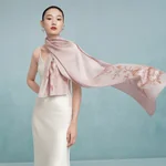 【中国直邮，时效8-20天】万事利 国风丝巾礼盒 真丝丝巾女长巾披肩外搭送圣诞节元旦礼物妈妈礼品幽兰花意-粉色