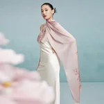 【中国直邮，时效8-20天】万事利 国风丝巾礼盒 真丝丝巾女长巾披肩外搭送圣诞节元旦礼物妈妈礼品幽兰花意-粉色