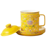 [China Direct Shipping, 5-7 days] Auratic China Porcelain Yongfengyuan Imperial Yellow New Court Porcelain 4 Piece Covered Cup Tea Cafe Cup (460ml)