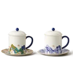 [China Direct Shipping, 10-15 days] Auratic China Porcelain Yongfengyuan Happiness and Harmony 3-piece Lidded Cup Set - Five Colours (350ml)
