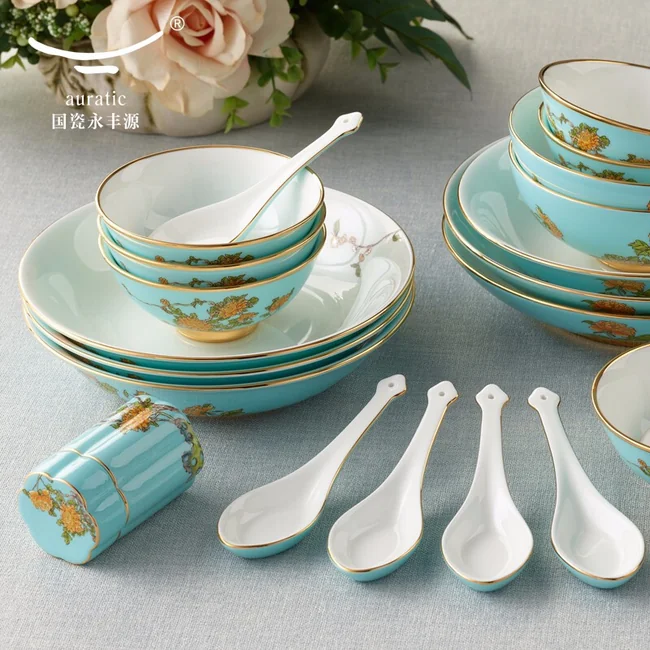 中式精美餐具·AURATIC 国瓷永丰源夫人瓷西湖蓝22头家用碗盘碟勺陶瓷